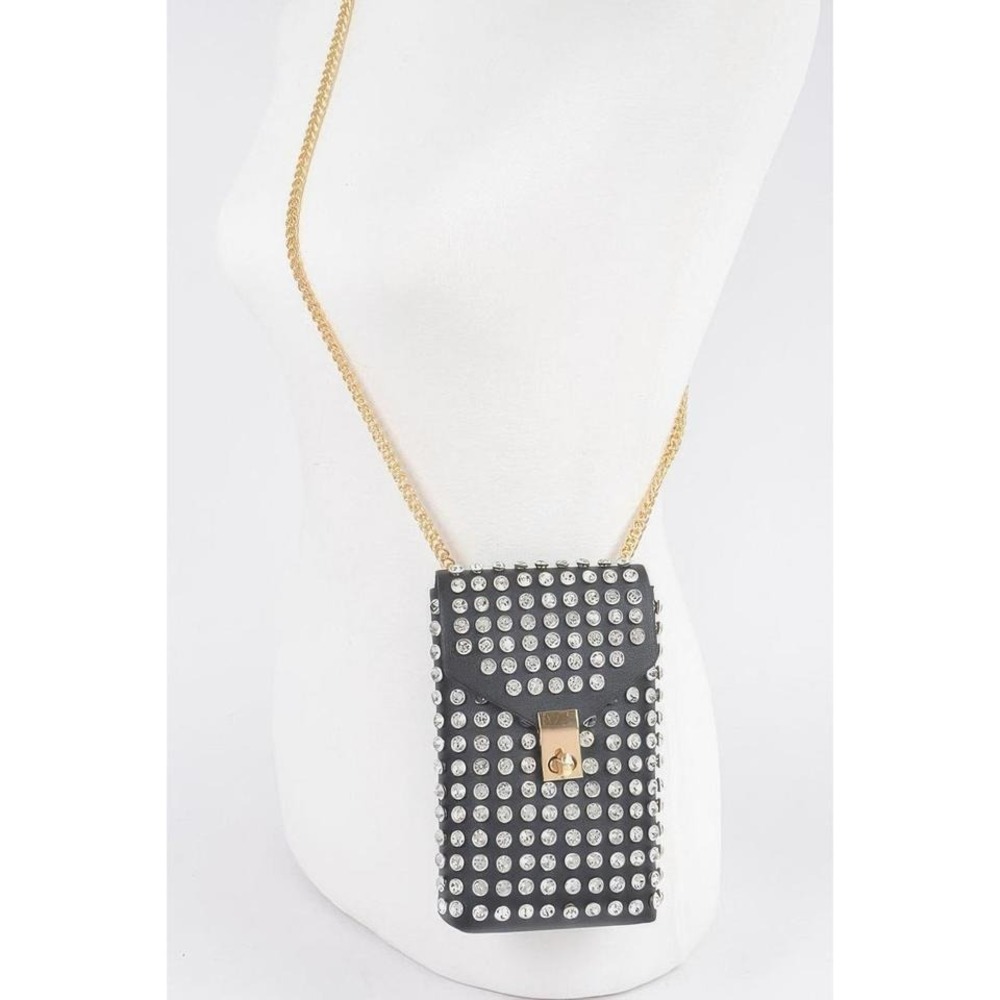 Black Rhinestone Studded Phone Bag Gold Chain Crossbody Evening Clutch